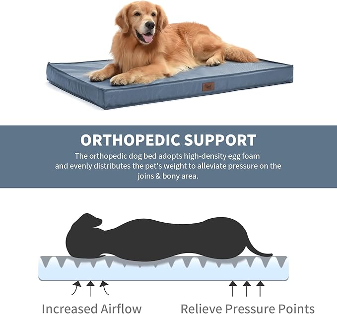 Outdoor Dog Bed for Medium Dogs, Waterproof Dog Crate Bed for Puppy Beds, Orthopedic Egg Crate Foam Pet Bed with Washable and Removable Oxford Cover, Blue