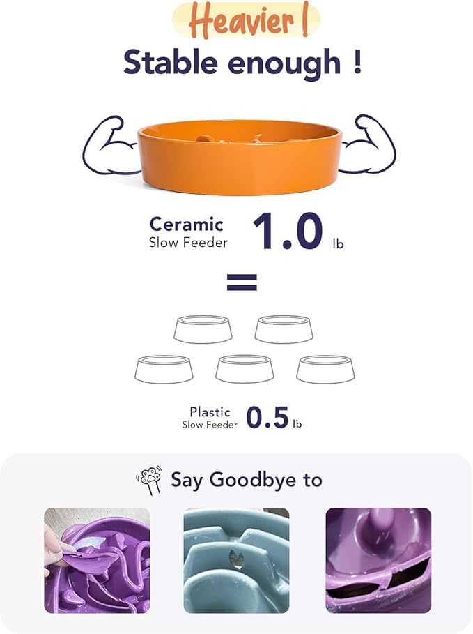 LE TAUCI Ceramic Slow Feeder Dog Bowls Small Breed, 0.6 Cups Dog Food Dish for Fast Eaters, Puzzle Bowl for Small Dogs and Cats,Sun Orange