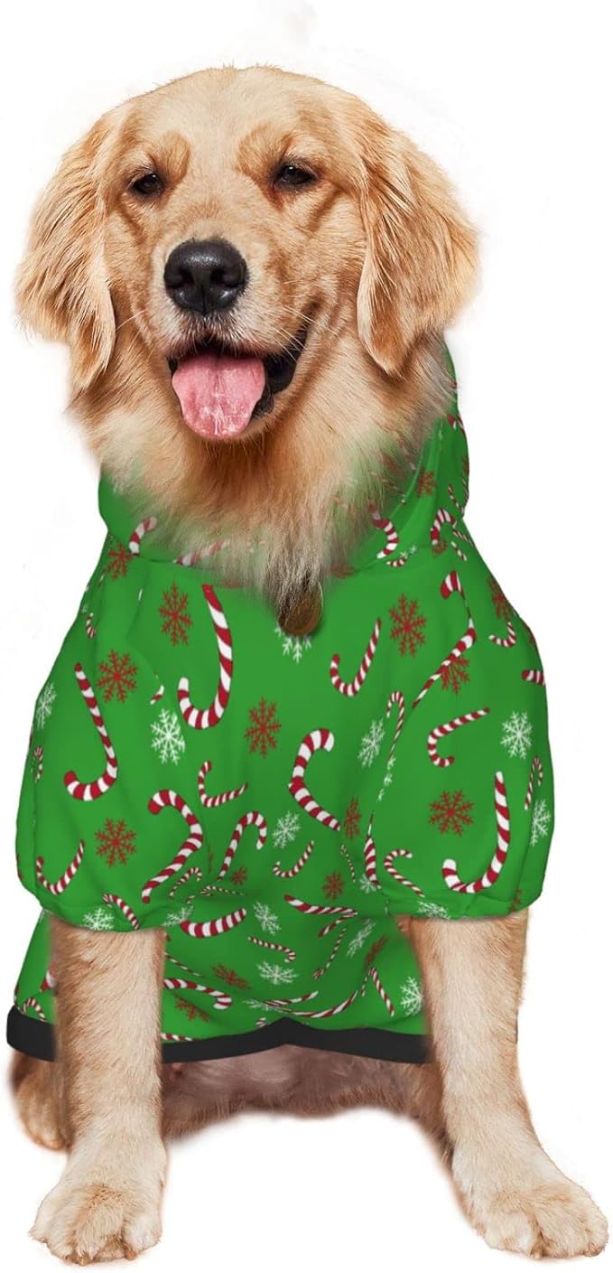 Green Candy Cane Hoodie,Christmas Cosplay Dog Clothes with Pocket and Hat Winter Clothes Sweaters Large
