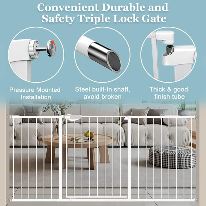 WAOWAO Triple Lock Baby Gate Extra Wide 35.04-38.97" Pressure Mounted Walk Through Swing Auto Close Safety White Metal Dog Pet Puppy Cat for Stairs,Doorways,Kitchen