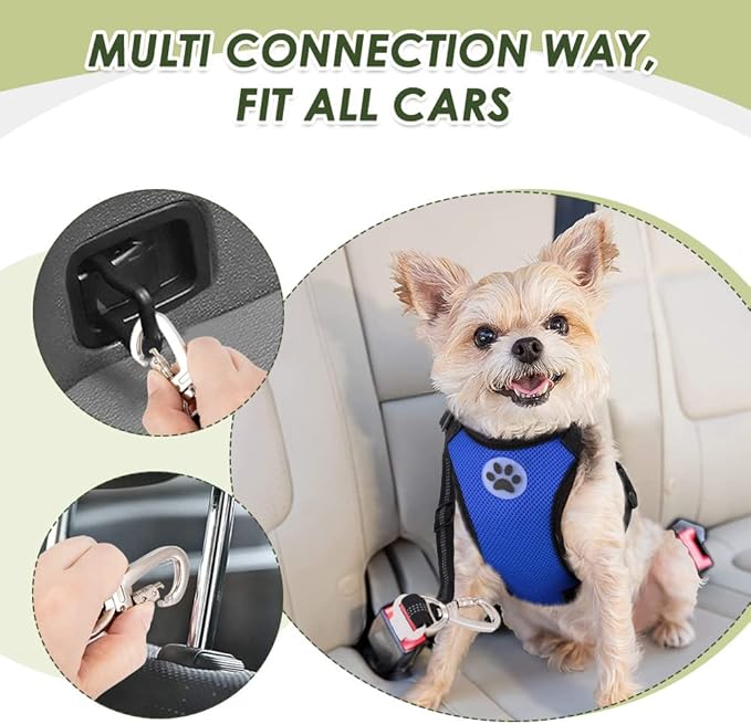 SlowTon Dog Seat Belt Harness for Car, Dog Car Harness Adjustable Mesh Breathable & Dog Seatbelt Safety Tether with Elastic Bungee for Small Medium Large Pets(Blue, Double Clip, M)