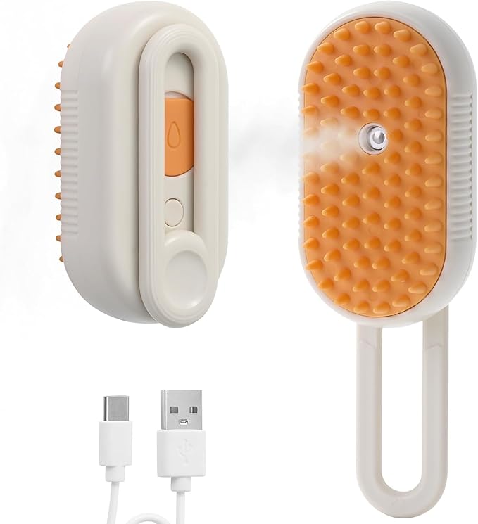 4-in-1 Cat Grooming Brush – Water Spray & Self-Cleaning Shedding Brush for Cats & Dogs – Pet Hair Removal & Massage Comb for Long & Short Hair (beige).