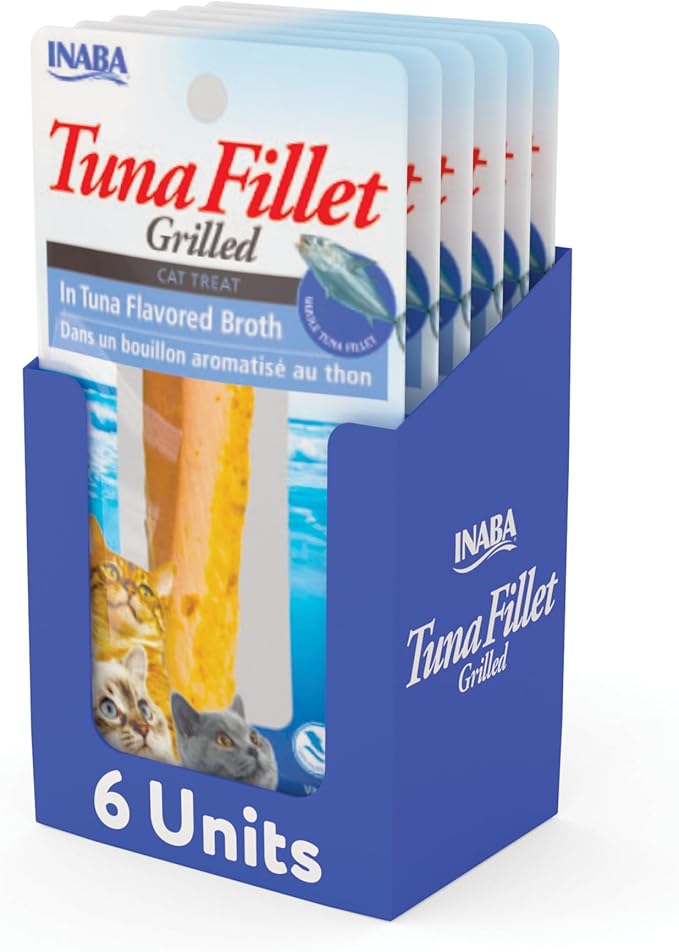INABA Premium Hand-Cut Grilled Tuna Fillet Cat Treats/Topper with Vitamin E and Green Tea Extract, 0.52 Ounces Each, Pack of 6, Tuna Broth
