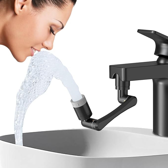 CECEFIN 1440° Rotating-Faucet-Extender Sink Aerator - 1080°+360° Large-Angle Splash Tap Extension with 2 Water Outlet, Swivel Multifunctional Robotic Arm for Kitchen/Bathroom, Black
