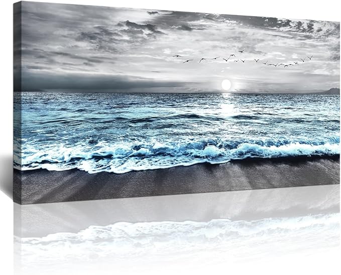 Lapremoly Large Canvas Wall Art For Living Room Wall Decor For Bedroom Office Wall Decorations Black And White Beach Wall Painting Blue Ocean Sea Wave landscape Pictures Artwork Posters Home Decor