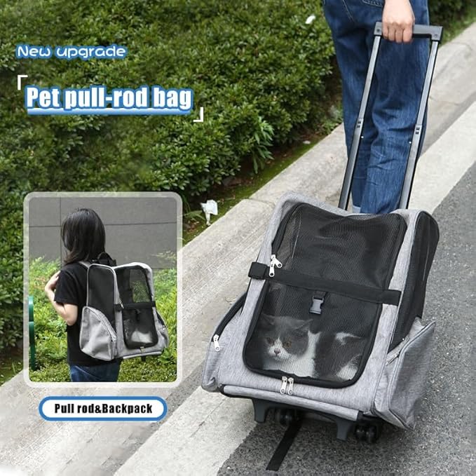 Pet Trolley Bag Cat Dog Travel Bag Portable & Breathable Pet Carrier Backpack - Lightweight Dual-Shoulder Design for Easy Travel with Your Beloved Companion Scalable Pull Rod pet Bag (Blue)