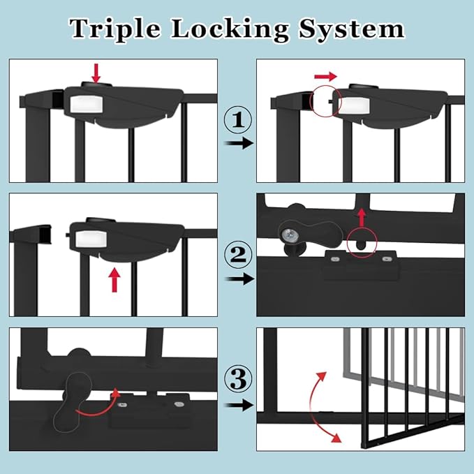 WAOWAO Triple Lock Baby Gate Extra Wide 49.21-53.14" Pressure Mounted Walk Through Swing Auto Close Safety Black Metal Dog Pet Puppy for Stairs,Doorways,Kitchen