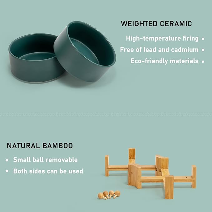 SPUNKYJUNKY 15° Slanted Ceramic Dog and Cat Bowl with Wooden Stand, Tilted Bulldog Food and Water Bowl No Slip Non-Spill for Cats Medium Dogs Big Face Pets 28.7 OZ (3.6 Cups, Green × 2)