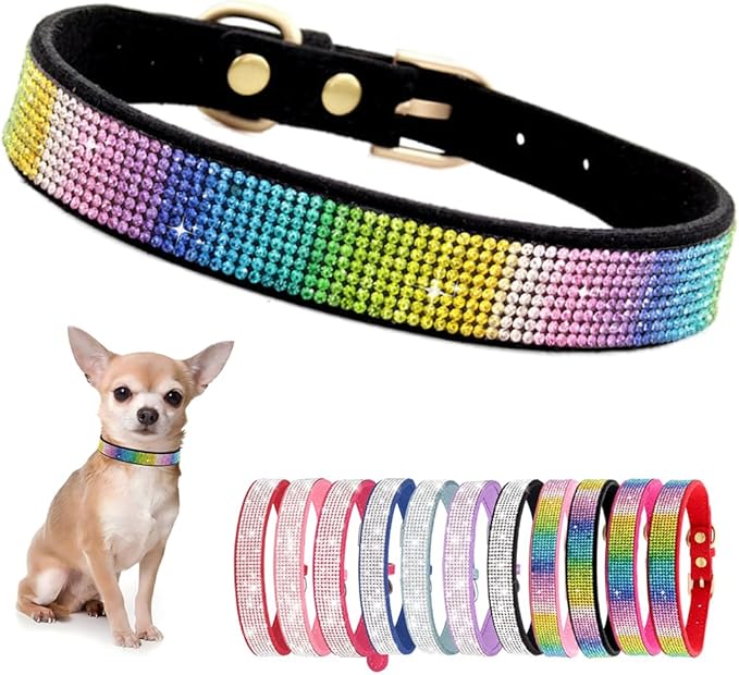 Rhinestone Dog Collar for Small Dogs, Bling Diamond Fancy Crystal Glitter Pretty Jewel Pet Puppy Collars for XXS XS Small Medium Large Breed Girl Dogs Female Cats Kitten, Colorful Black XSmall