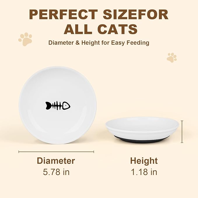 Ceramic Cat Food Bowls - 2 Pack Shallow Plates for Wet Food, Whisker-Friendly Feeding Dish with Non-Slip Silicone Base, Microwave & Dishwasher Safe for Indoor Cats & Kittens