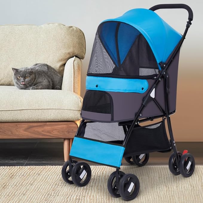 Sunny Sonny Foldable Jogger Pet Stroller with Weather Cover Storage Basket Pet Travel Carrier for S/M Dogs Cats up to 33lbs (Blue)