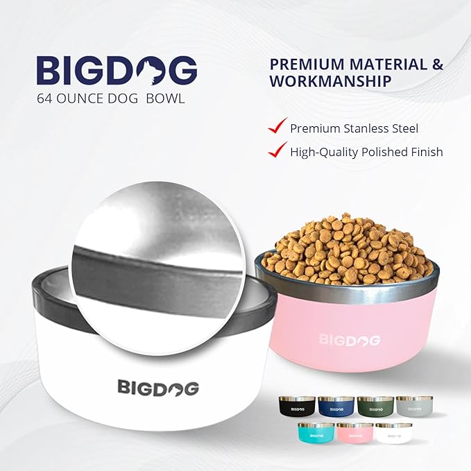 BigDog Dog Bowls, Dog Bowls for Large Dogs, Stainless Steel Dog Bowls, No Spill Dog Bowls, Dog Food and Water Bowl (64 Ounce, Black)