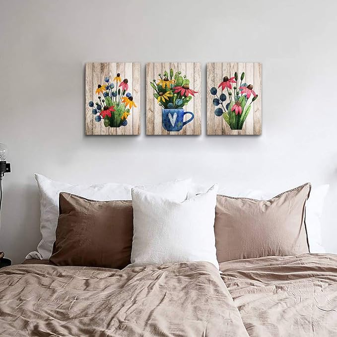 Vintage Wood grain plant flowers wall art for kitchen Wall Decorations for Living Room Bathroom Decorations room Wall decor 3 Pieces Framed Canvas print Artwork modern Office Home Decor paintinge