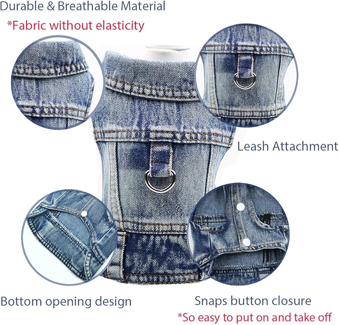 Puppy Clothes for Small Dogs Boy,Classic Western Denim Dog Coat,Dog Jeans Jacket with Leash D-Ring,Pet Cat Costumes,Cooling Harness Vest for Walking (Blue, Large)