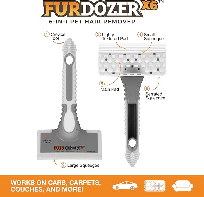 FurDozer X6 Pet Hair Remover & Auto Detailing Tool - Cat & Dog Hair Remover for Carpets, Car Interiors, Couches, Bedding, & Pet Furniture - Reusable Pet Hair Removal Tool for Fur & Lint (Grey, 2-Pack)