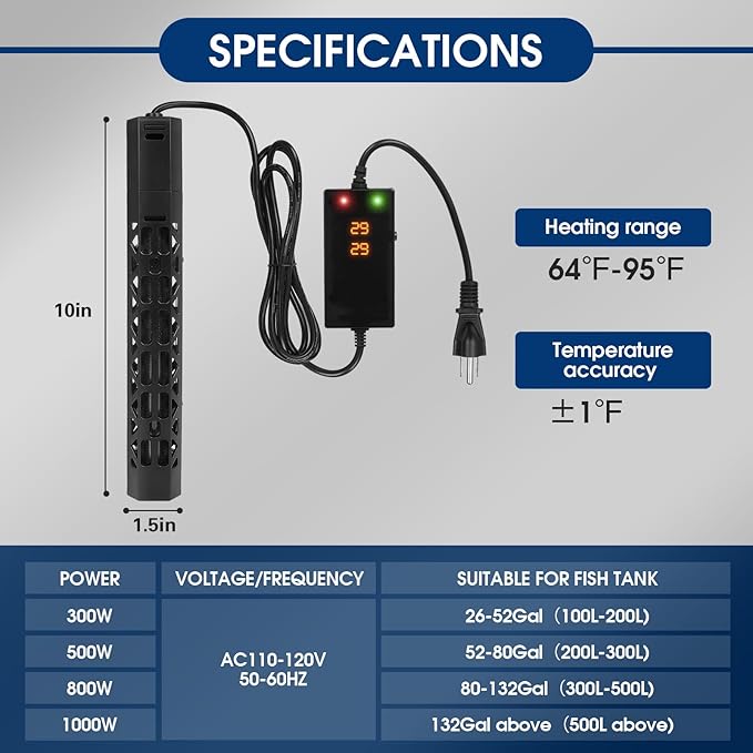 800w Aquarium Heater, Submersible Fish Tank Heater,Intelligent Frequency Conversion with Over-Temperature Protection and Automatic Power-Off When Leaving Water for