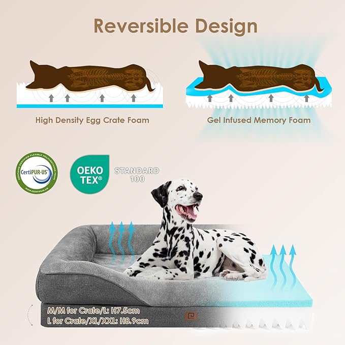 EHEYCIGA Memory Foam XL Dog Bed for XLarge Sized, Extra Large Orthopedic Dog Sofa with Sides and Waterproof Liner, Washable Bolster Pet Bed Couch with Removable Cover, 42x30x7.5 Inch, Grey
