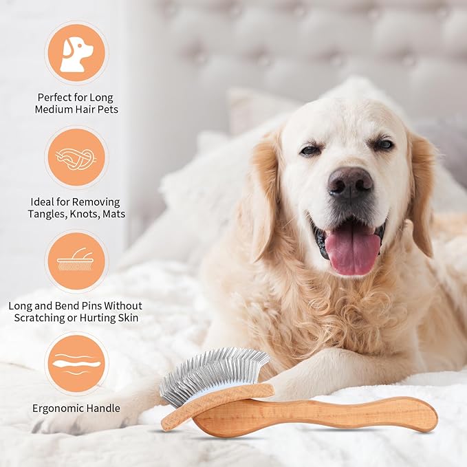 Dog Slicker Brush for Shedding and Grooming Medium or Long Haired Cats, Extra Long & Soft Pin Slicker Brush for Removes Loose Hair, Tangles, Knots, Undercoat, Free Pet Comb, Large, Oak