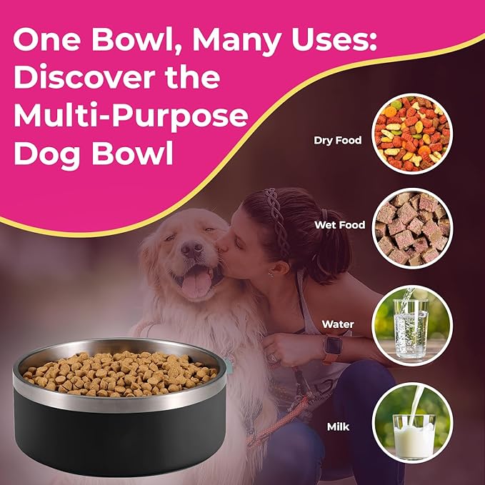 Black Dog Bowl, Double Wall Stainless Steel Pet Bowl, Vacuum Insulated Pet Feeder, Non-Skid Pet Bowl, 32 oz
