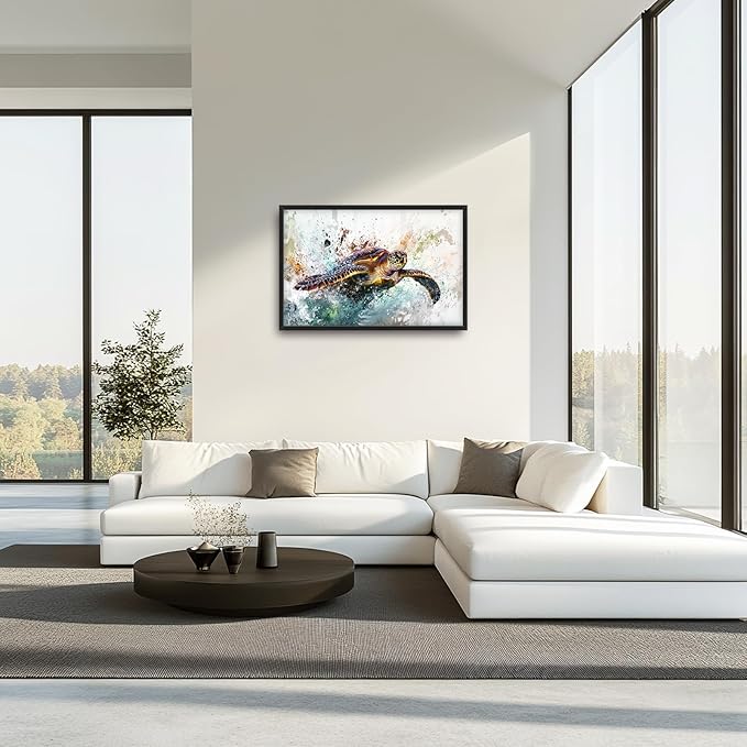 Extra Large Framed Sea Turtle Wall Art,Oversized Abstract Colorful Sea Nautical Wall Decor Pictures for Living Room,Canvas Print Painting Modern Artwork Bedroom Office Bathroom Home Decor 36L x24W