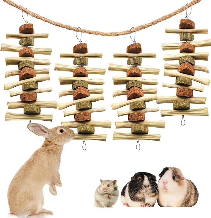kathson 4 Pcs Bunny Chew Toys for Teeth,Rabbit Hanging Chew Toy Grinding Natural Sweet Bamboo Sticks with Timothy Hay Grass and Carrot Cake for Improve Rodent Small Animals Dental Health