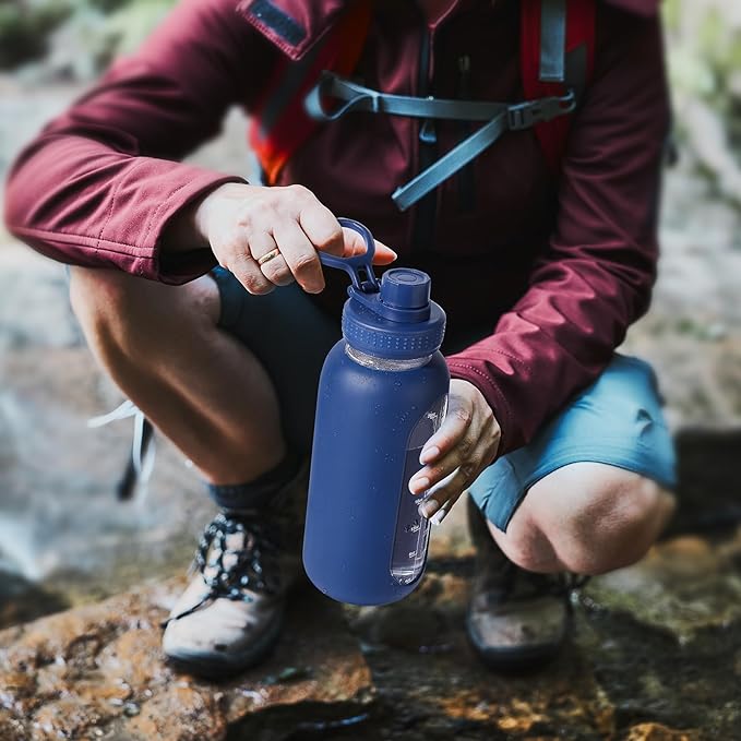 32 oz Glass Water Bottle with Straw and Handle, Sports Motivational Water Flask with Silicone Sleeve, Large Leakproof Water Flask Cup with Time Marker for Travel, Gym, Navy
