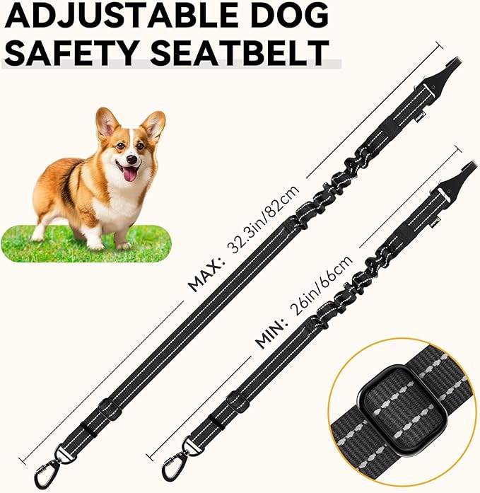 Pawaboo 2Pack Dog Seatbelt for Car, 3-in-1 Dog Car Seat Belt Bungee,Shockproof Dogs Tether for Car with Buckle & Hook Latch, Adjustable Reflective Dog Car Harness Leash with 360° Lockable Buckle,Black