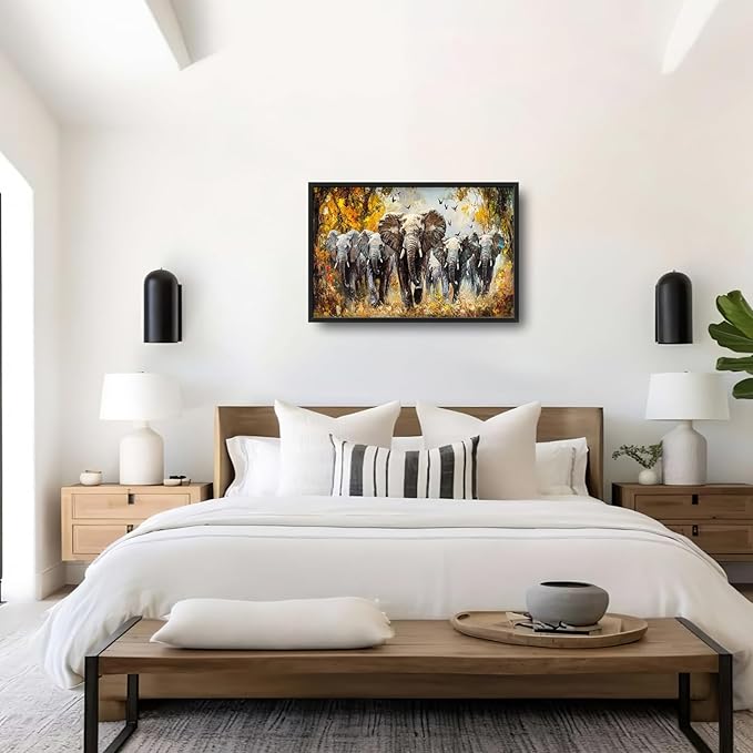 Extra Large Elephant Framed Wall Art for Living Room,Oversized Elephants Wild Animal Pictures Wall Decor,Forest Landscape Canvas Print Painting Modern Artwork Bedroom Office Bathroom 36L" x 24W"