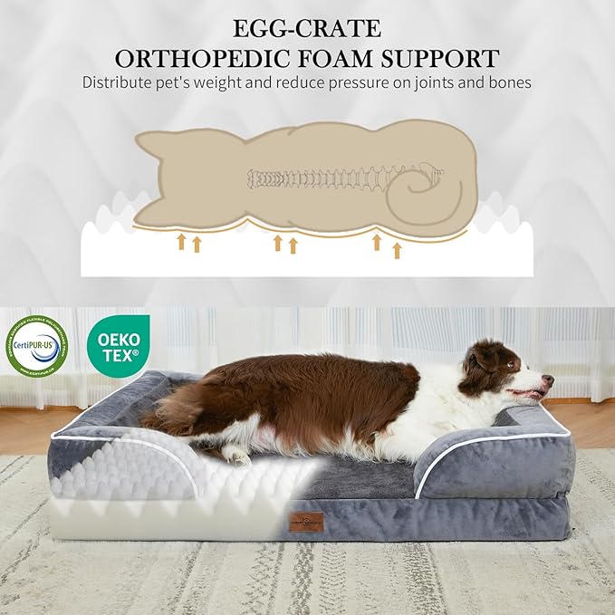 Comfort Expression Dog Beds for Extra Large Dogs, Waterproof Orthopedic Dog Bed Jumbo Breed, PV Washable Dogs Sofa with Removable Cover & Non-Slip Bottom(Dark Grey)