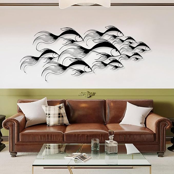School of Fish Metal Wall Art, Metal Fish Wall Decor, Sea Life Wall Art, Large Nautical Wall Hanging, Modern Beach House Wall Decor, Ocean Themed Artwork for Bathroom (Gold, 24"x10" | 60x25cm)