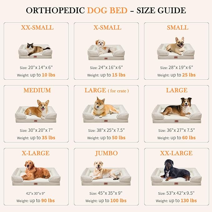 Comfort Expression XXL Dog Bed Waterproof, Extra Large Dog Beds Orthopedic Foam, Washable Dogs Sofa Bed Pet Beds with Removable Cover & Non-Slip Bottom(XX-Large,Beige)