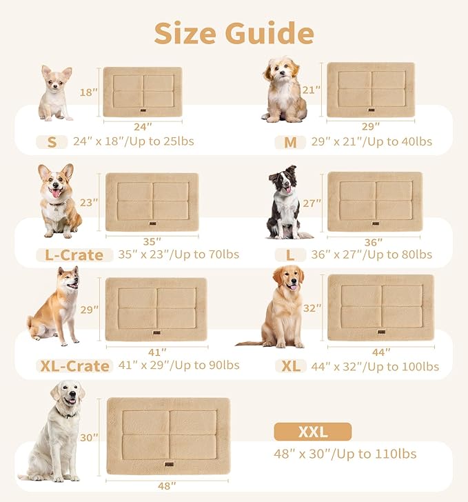 Made4Pets Dog Crate Pad Bed for Medium Large Dogs, Washable & Reversible, Anti-Slip Kennel Mat for Cozy Sleeping, Soft Fluffy Dog Bed for Indoor & Outdoor Use, 35"x23", Khaki