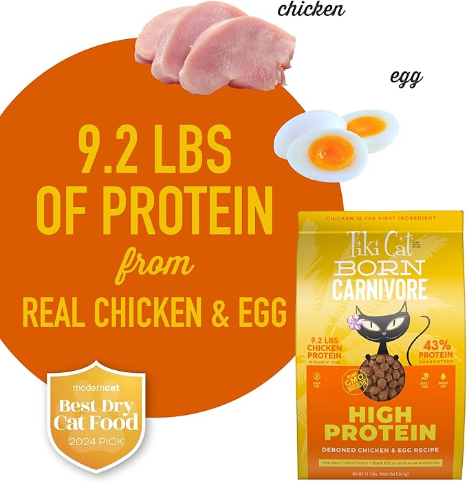 Tiki Cat Born Carnivore High Protein, Deboned Chicken & Egg, Grain-Free Baked Kibble to Maximize Nutrients, Dry Cat Food, 11.1 lbs. Bag