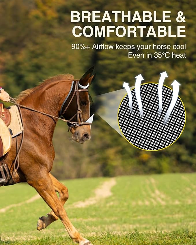 Hilltown Adjustable Fly Mask for Horse with Ears - UV-Block, Large Eye Space, Breathable, Built to Last, Comfort Fit - Horse Fly Mask for Daily Stable, Hot Weather Riding & Competition - Pony, Grey