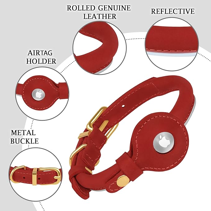 OOPSDOGGY Rolled Leather Dog Collar with Airtag Holder - Reflective Round Airtag Dog Collar - Soft Tracking Pet Collar for Small Dogs Puppy Cats Kitten (Red, L, 14"-18")