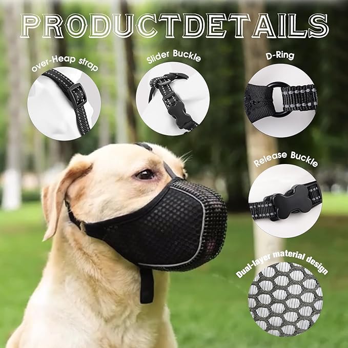 Dog Muzzle, Mesh Soft Muzzle for Small Medium Large Sized Dogs, Breathable Adjustable Puppy Muzzles for Scavenging Biting Licking and Chewing, Allows Panting and Drinking (Reflective Mesh, L)