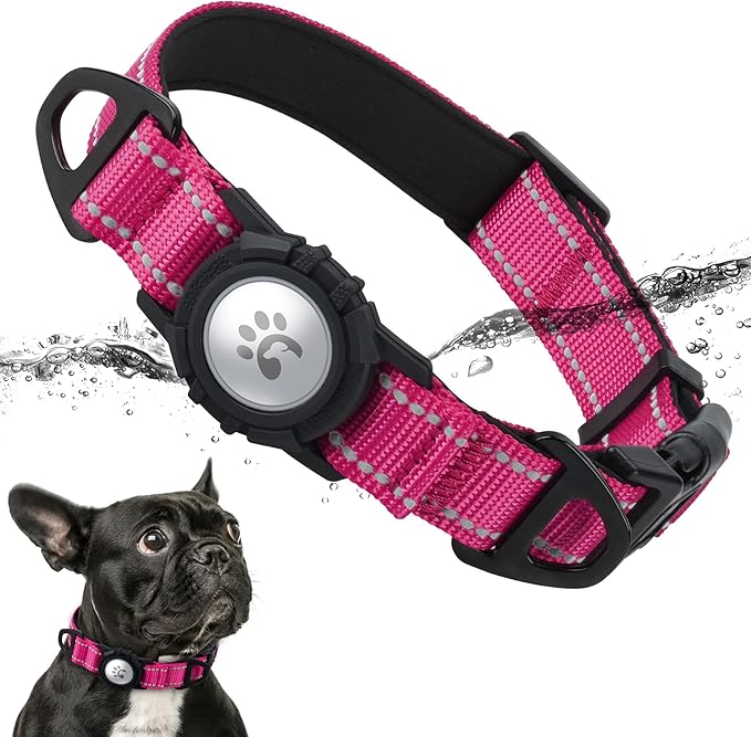 TagME Airtag Dog Collar,Waterproof Reflective Pet Collar with Airtag Holder,Soft Padded and Double D-Rings for Small Dogs,Hot Pink