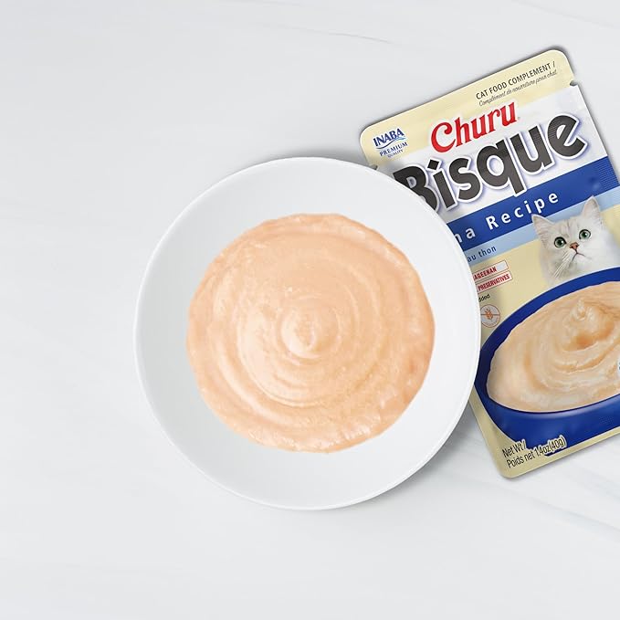 INABA Churu Bisque for Cats, Creamy Lickable Purée Side Dish with Vitamin E, 1.4 Ounces per Pouch, 12 Pouches, Tuna & Chicken Variety