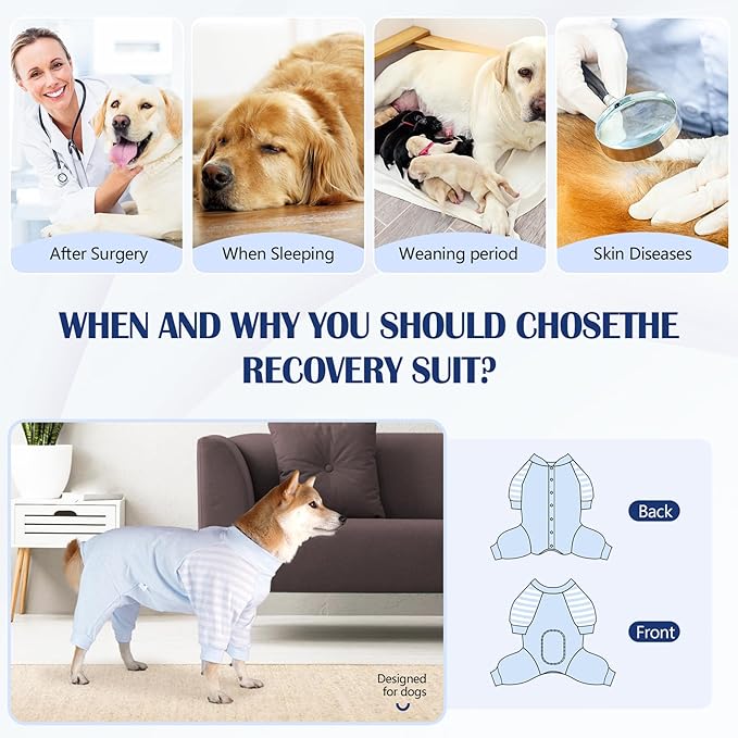 Dog Recovery Suit, Abdominal Wound After Surgery Wear, Anti Licking Bodysuit with Snaps, E-Collar & Cone Alternatives, Long Sleeve Dog Spay Surgical Onesie Prevent Shedding(XL, Blue)