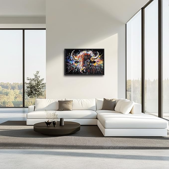 Framed Large Bison Buffalo Wall Art for Living Room, Oversized Graffiti Yak Cow Wall Decor Banksy Bull Canvas Painting Animal Pictures Modern Artwork for Living Room Bedroom Office 36"x24"