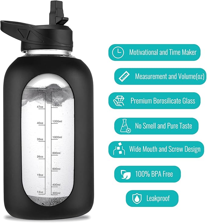 64 oz Glass Water Bottle With Straw and Handle, Half Gallon Sports Motivational Water Jug Flask with Silicone Sleeve, Large Water Cup with Time Marker for Travel, Gym, Seafoam
