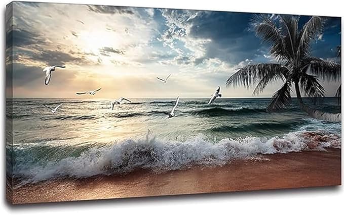 Yxbhhym Large Canvas Wall Art Beach Ocean Prints Art Coast Sunset Sea Paintings Poster Scenery Picture Palm Artwork for Wall Art Living Room Bedroom Office Decorations Framed-30x60inches
