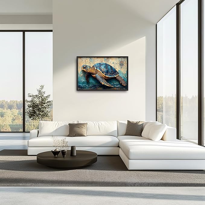 Large Nautical Turtle Wall Art for Living Room, Coastal Ocean Canvas Oversized Wall Decor, Beach Aesthetics Framed Pictures Painting Print Artwork for Bedroom Office 36L" x 24W"