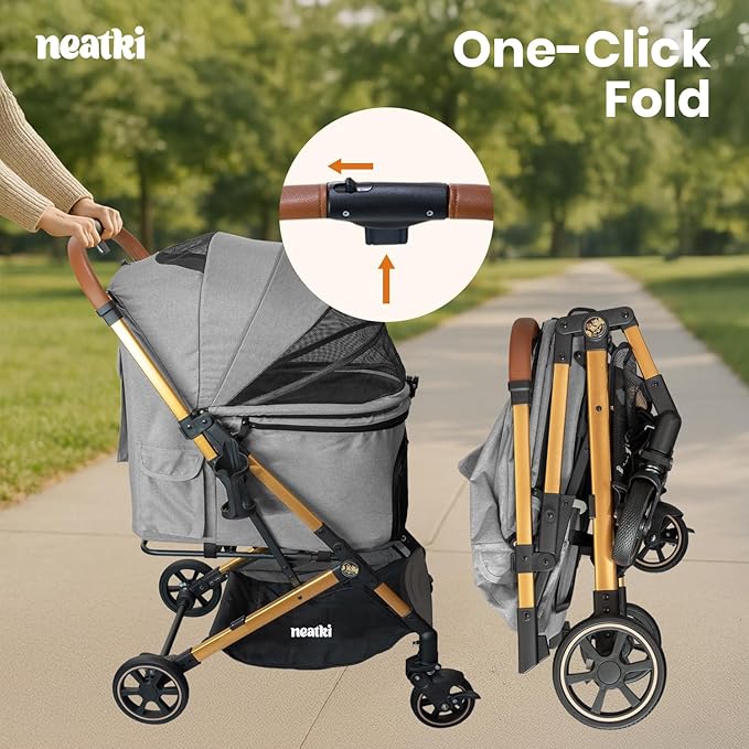 Foldable Pet Stroller for Dogs and Cats, 33 lbs Capacity, 360° Swivel Front Wheels, One-Click Fold, Brake System, Leash & Lock Clips, Removable Washable Padding, and Cup Holder (Gray, 33 lbs)