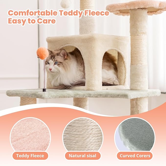 HYABi 59 Inch Flower Cat Tree Tower - Multi-Level Cat Condo with Plush Scratching Posts, Toy Balls, and Pet House, Indoor Play Platform for Large Adult Cats, Stylish Color Design