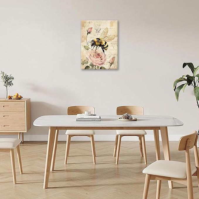 Rustic Bee Bathroom Pictures Wall Art, Vintage Floral Bathroom Wall Decor, Pink Rose Flower Framed Painting Canvas Artwork for Bedroom Living Room Decorations 20"L x 16"W