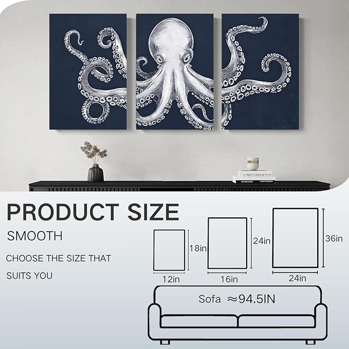 Octopus Wall Decor, Octopus Canvas Wall Art, Ocean Wall Decor,Sea Animal Canvas to Paint for Bathroom, Living Room, Bedroom (12" x 18" x 3 pcs)