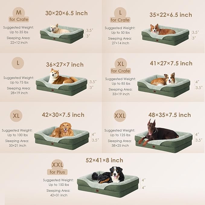 EHEYCIGA Memory Foam Dog Bed for Large Sized, Orthopedic Dog Sofa with Sides and Waterproof Liner, Washable Bolster Pet Couch with Removable Cover, 36x27x7 Inch, Green