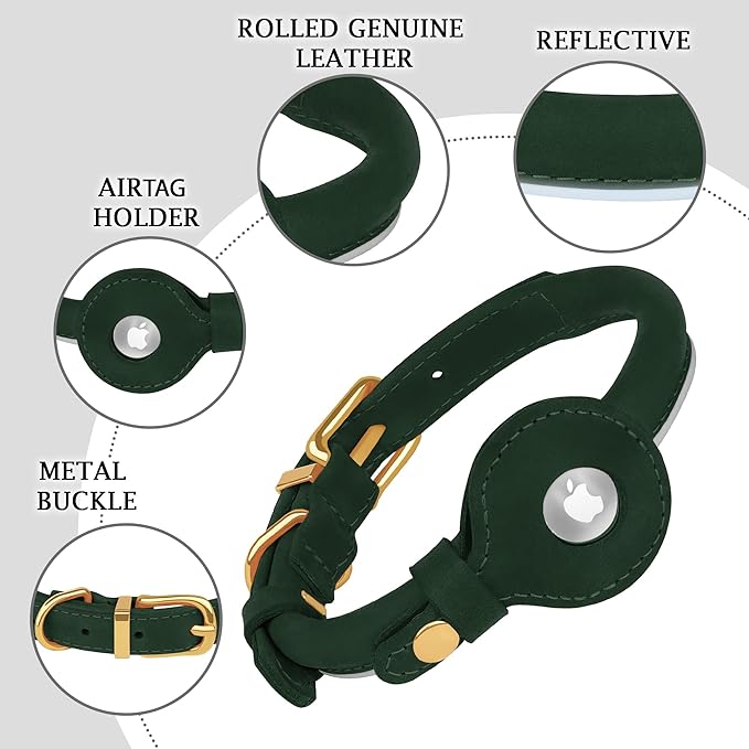 OOPSDOGGY Rolled Leather Dog Collar with Airtag Holder - Reflective Round Airtag Dog Collar - Soft Tracking Pet Collar for Small Dogs Puppy Cats Kitten (Green, L, 14"-18")