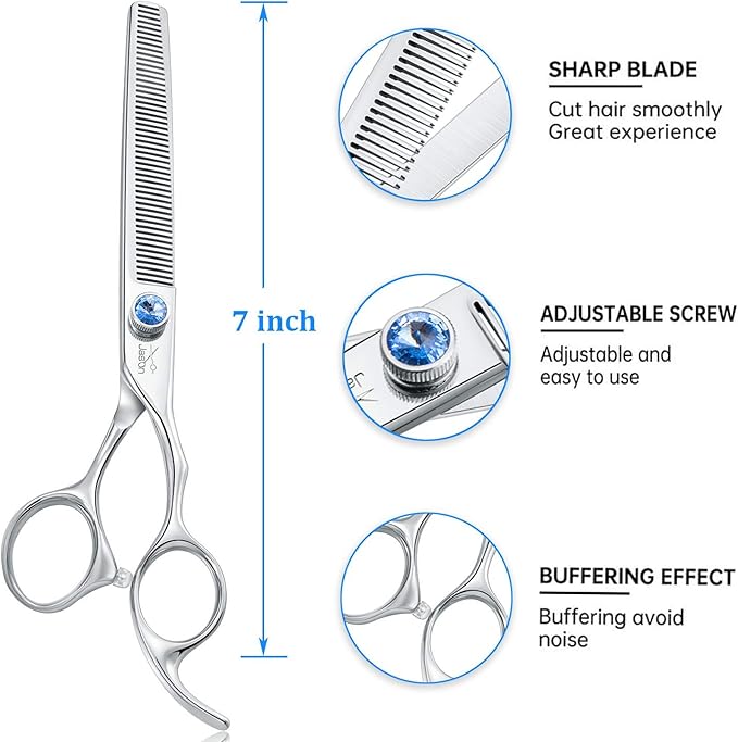 JASON 7" 50 Teeth Thinning Dog Grooming Blending Scissor, Ergonomic Pet Grooming Thinner Blender Shears Cat Trimming Texturizing Kit with Offset Handle and a Jewelled Screw, 30% Thinning Rate
